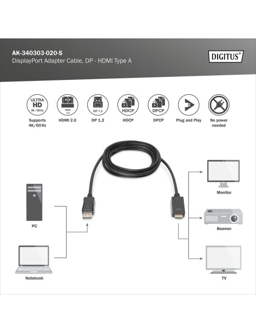 Digitus Adapter Cable, DP - HDMI type A | DisplayPort to HDMI | 2 m
