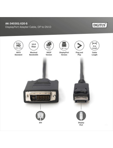 Digitus Adapter Cable, DP - DVI | DisplayPort | 2 m