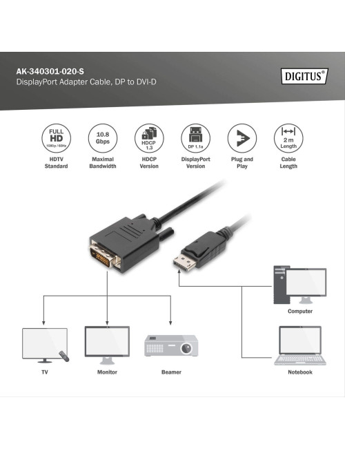 Digitus Adapter Cable, DP - DVI | DisplayPort | 2 m