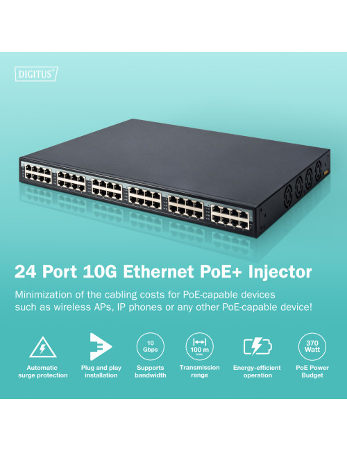 Digitus | 24 Port 10G Ethernet PoE+ Injector, 802.3at, 370 W | DN-95117