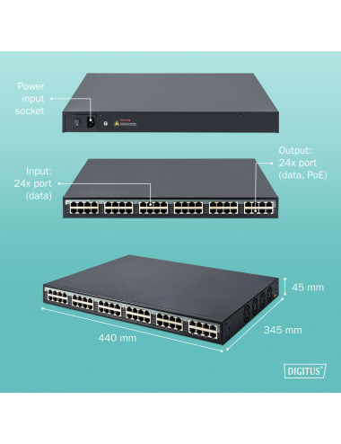 Digitus | 24 Port 10G Ethernet PoE+ Injector, 802.3at, 370 W | DN-95117
