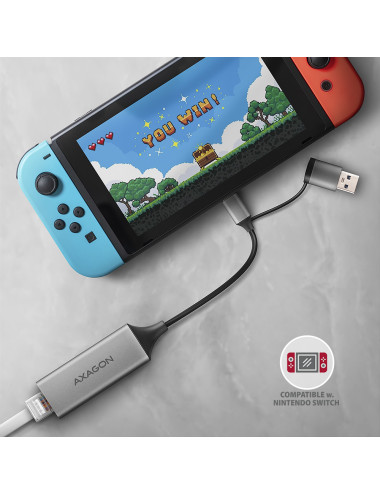 AXAGON ADE-TXCA Compact aluminum USB 3.2 Gen 1 Gigabit Ethernet 10/100/1000Mbit adapter with automatic installation, Nintendo Sw