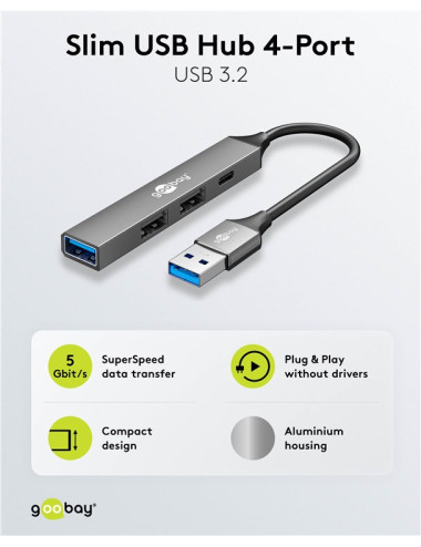 Goobay Slim 4-Port USB Hub, USB-A to USB-C/USB-A, 5 Gbit/s | 74458