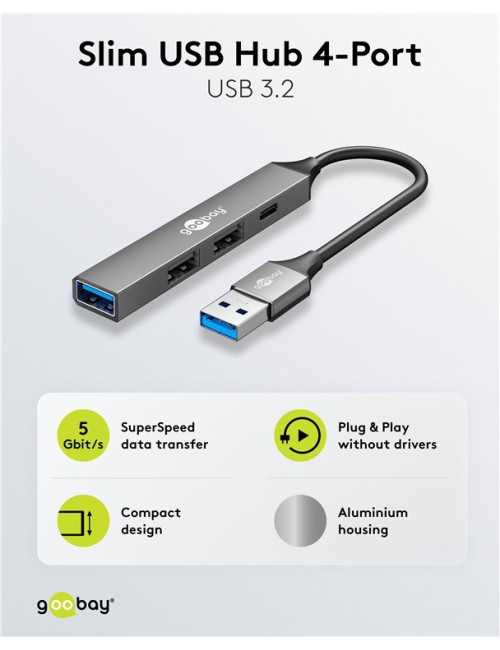 Goobay Slim 4-Port USB Hub, USB-A to USB-C/USB-A, 5 Gbit/s | 74458