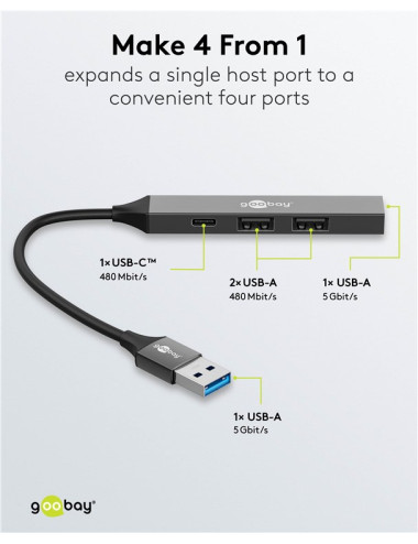 Goobay Slim 4-Port USB Hub, USB-A to USB-C/USB-A, 5 Gbit/s | 74458