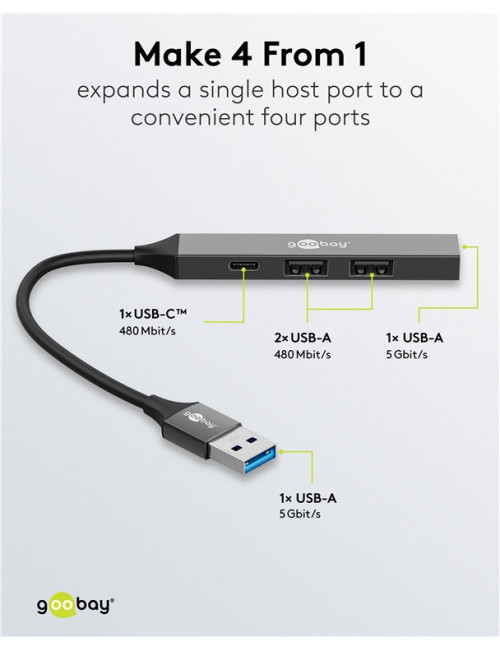 Goobay Slim 4-Port USB Hub, USB-A to USB-C/USB-A, 5 Gbit/s | 74458