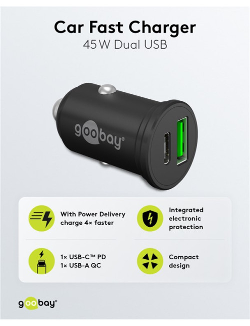 Goobay 61739 Dual-USB Car Fast Charger USB-C PD, 45 W