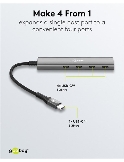 Goobay 76564 Slim 4-Port USB-Hub, USB-C auf USB-C , 5 Gbit/s, Grey