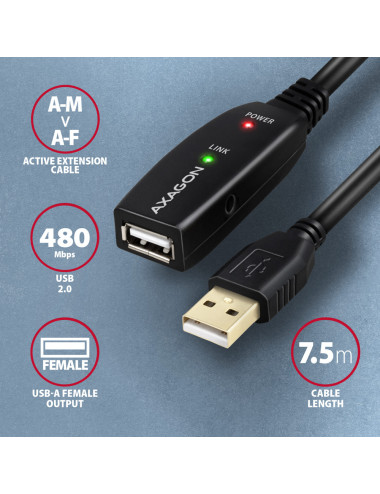 AXAGON Active extension cable, 7.5 m | ADR-207 | USB Type-A to USB Type-A