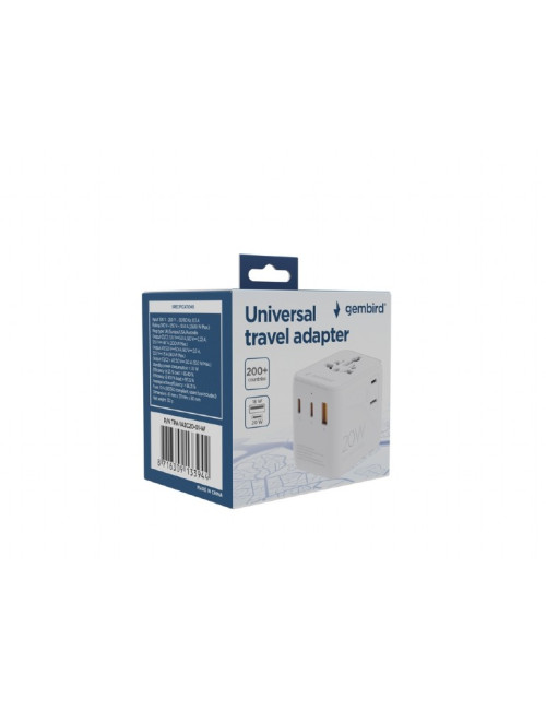 Gembird TPA-1A2C20-01-W Universal travel power adapter, 20 W, white | Gembird