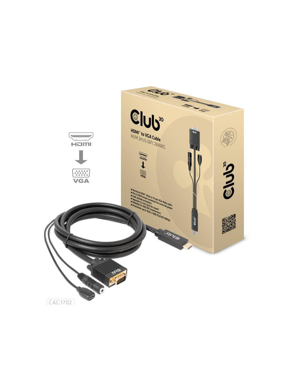 CABLE HDMI TO VGA 2M/M/M CAC-1712 CLUB3D