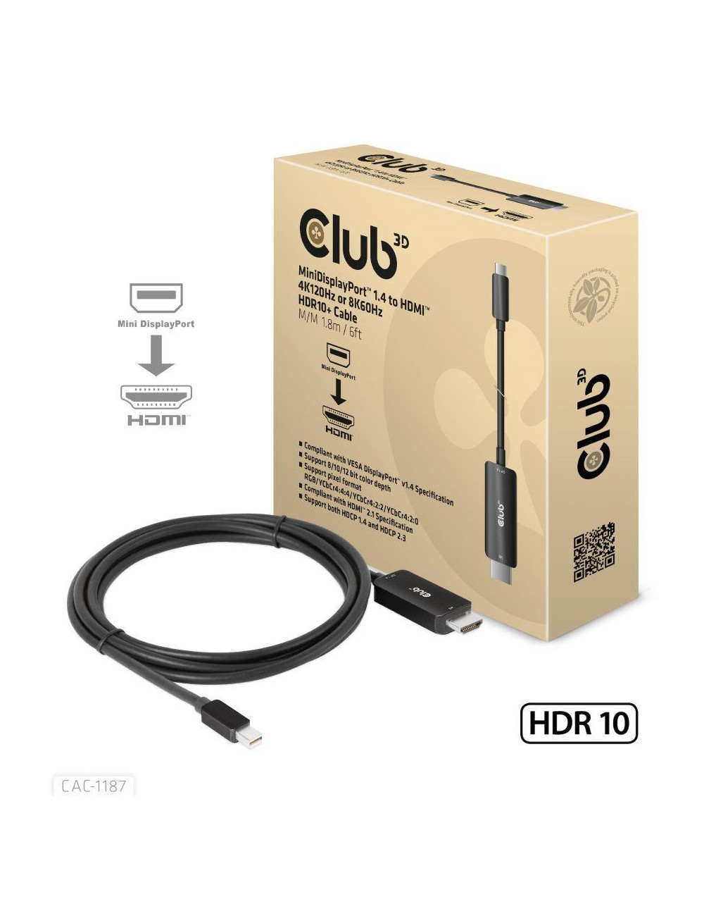 CABLE MINIDP TO HDMI 1.8M/M/M CAC-1187 CLUB3D
