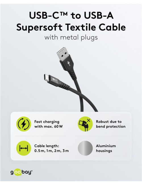 Goobay USB-C to USB-A Supersoft Textile Cable with Metal Plugs | 74526 | USB-C to USB-A