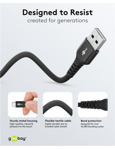 Goobay USB-C to USB-A Supersoft Textile Cable with Metal Plugs | 74526 | USB-C to USB-A