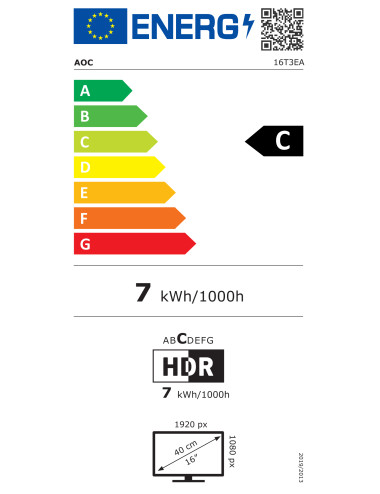 AOC 16T3EA | 16 " | IPS | FHD | 16:9 | 60 Hz | 4 ms | 1920 x 1080 pixels | 250 cd/m | Black