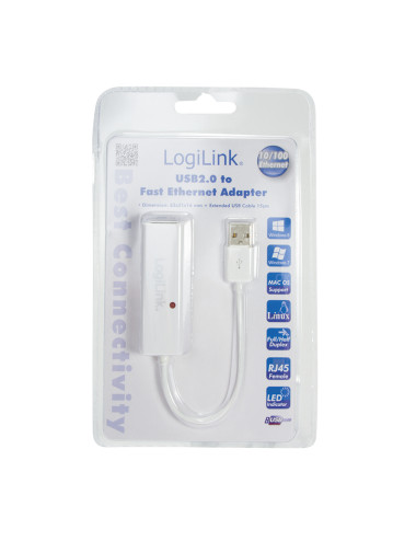 Logilink | Fast Ethernet USB 2.0 to RJ45 Adapter: | 0.115 m | White | USB-A to RJ45
