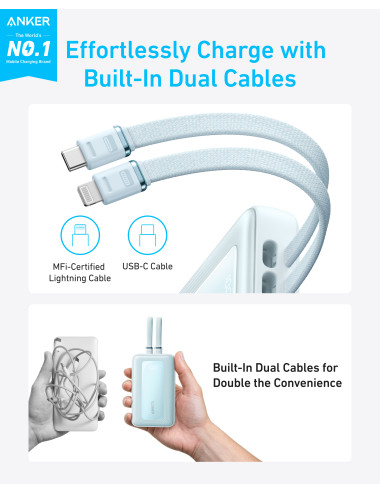 Anker Power Bank with Built-In USB-C and + Lighting Cable | A1680031 | 10000 mAh | 30W | Blue