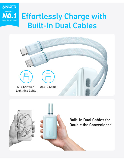 Anker Power Bank with Built-In USB-C and + Lighting Cable | A1680031 | 10000 mAh | 30W | Blue