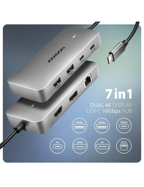 AXAGON USB-C 10Gbps DUAL 4K DISPLAY 7in1 hub | HMC-CUB83X2
