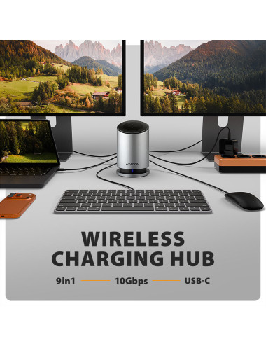 AXAGON USB-C 10Gbps Wireless Charging 9in1 hub | HMC-WL9