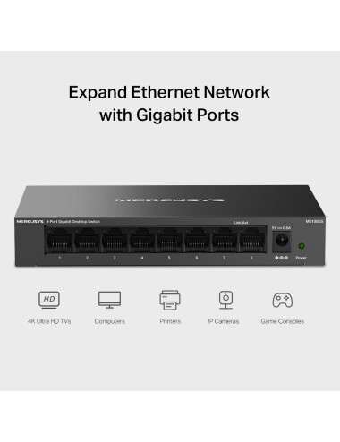 Mercusys 8-Port Gigabit Desktop Switch | MS108GS | Unmanaged | Desktop | Gigabit Ethernet (copper) ports quantity 8