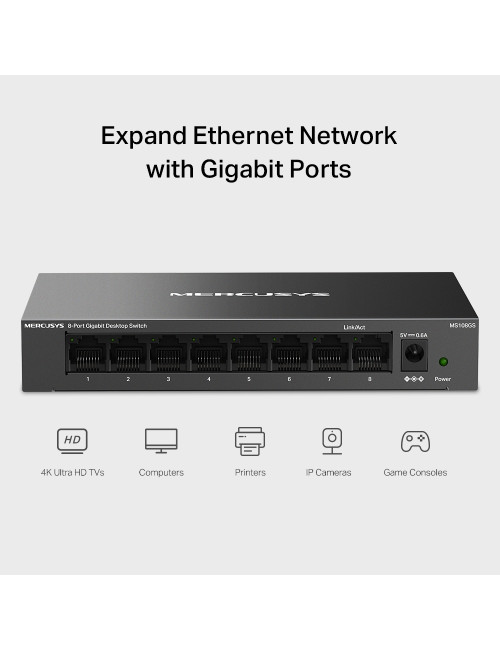 Mercusys 8-Port Gigabit Desktop Switch | MS108GS | Unmanaged | Desktop | Gigabit Ethernet (copper) ports quantity 8