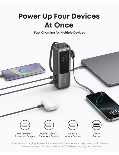 Anker Zolo Powerbank | A1695H11 | 25000 mAh | Built-In USB-C and Retractable Cable) | Grey