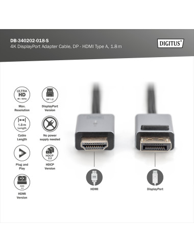 Digitus 4K DisplayPort Adapter Cable, DP - HDMI Type A | DB-340202-018-S | 1.8 m