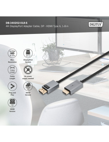 Digitus 4K DisplayPort Adapter Cable, DP - HDMI Type A | DB-340202-018-S | 1.8 m