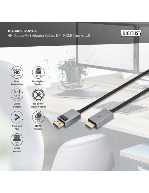 Digitus 4K DisplayPort Adapter Cable, DP - HDMI Type A | DB-340202-018-S | 1.8 m