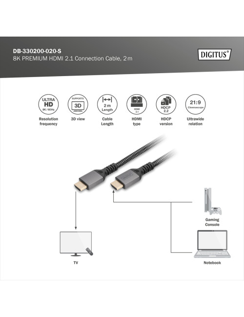 Digitus 8K HDMI Ultra High Speed Connection Cable | DB-330200-020-S | 2 m