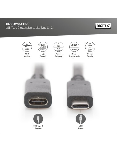 Digitus USB Type-C extension cable, Type-C - C | AK-300210-015-S