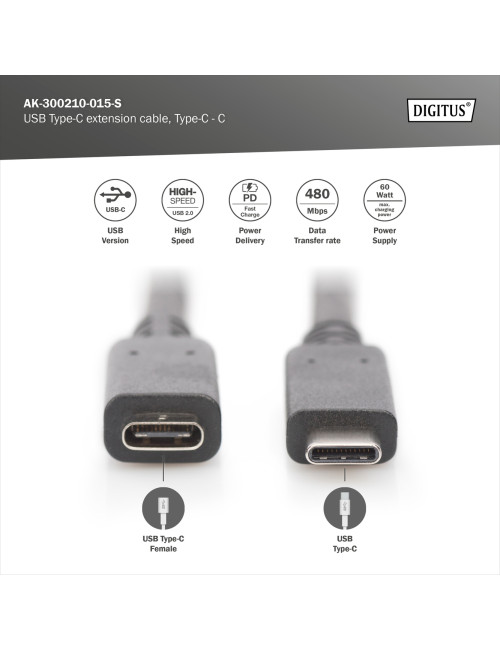 Digitus USB Type-C extension cable, Type-C - C | AK-300210-015-S