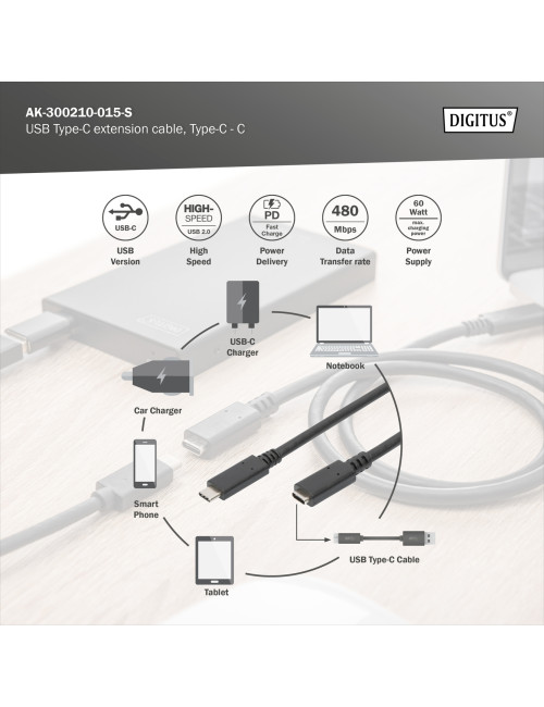 Digitus USB Type-C extension cable, Type-C - C | AK-300210-015-S