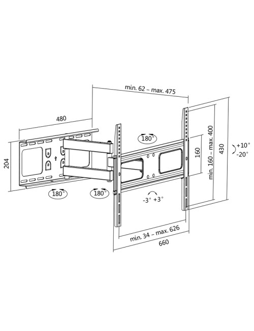 Logilink BP0028 TV Wall mount, 37"-70", tilt +10 -20 ,swievel +-90 , 475mm Logilink Wall Mount, 37-70 ", Maximum weight (capacit