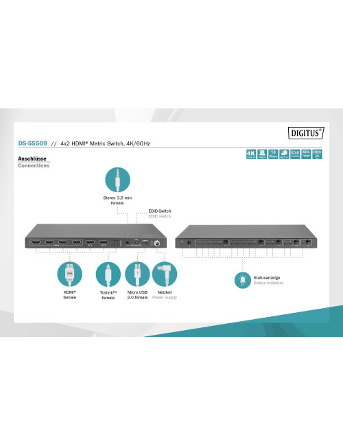 Digitus | 4x2 HDMI Matrix Switch, 4K/60Hz | DS-55509