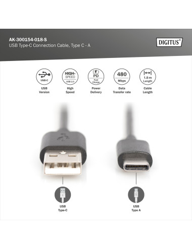 Digitus USB Type-C connection cable, Type USB-A to USB-C | AK-300154-018-S