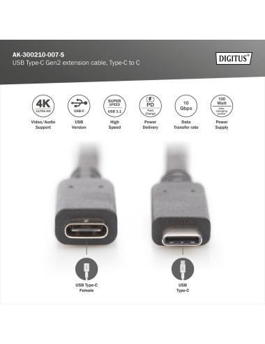 Digitus USB Type-C Gen2 extension cable, Type-C to C | AK-300210-007-S