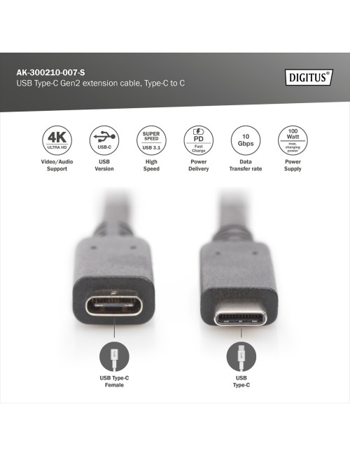 Digitus USB Type-C Gen2 extension cable, Type-C to C | AK-300210-007-S