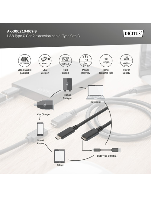 Digitus USB Type-C Gen2 extension cable, Type-C to C | AK-300210-007-S