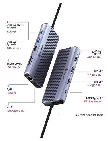 Icy Box Travel Dock 12-in-1, 3x Videoausgabe (2x HDMI + 1x VGA)