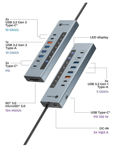 Icy Box USB Hub 11-in-1 USB-C Hub USB 3.2 Gen 2 PD