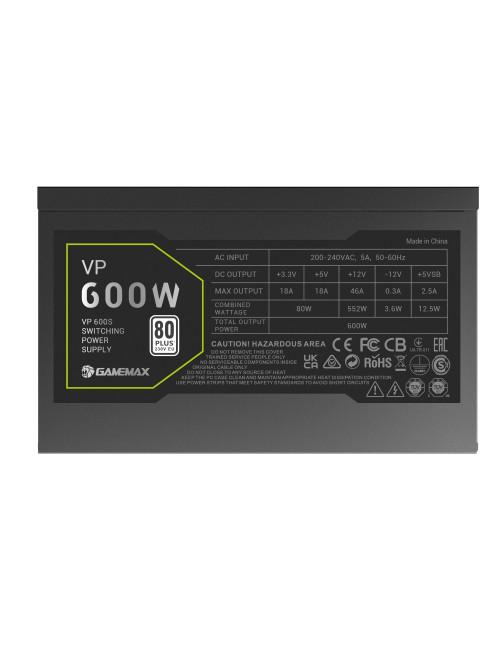 Gamemax Power Supply, 80 PLUS, Standard | VP 600S | 600 W