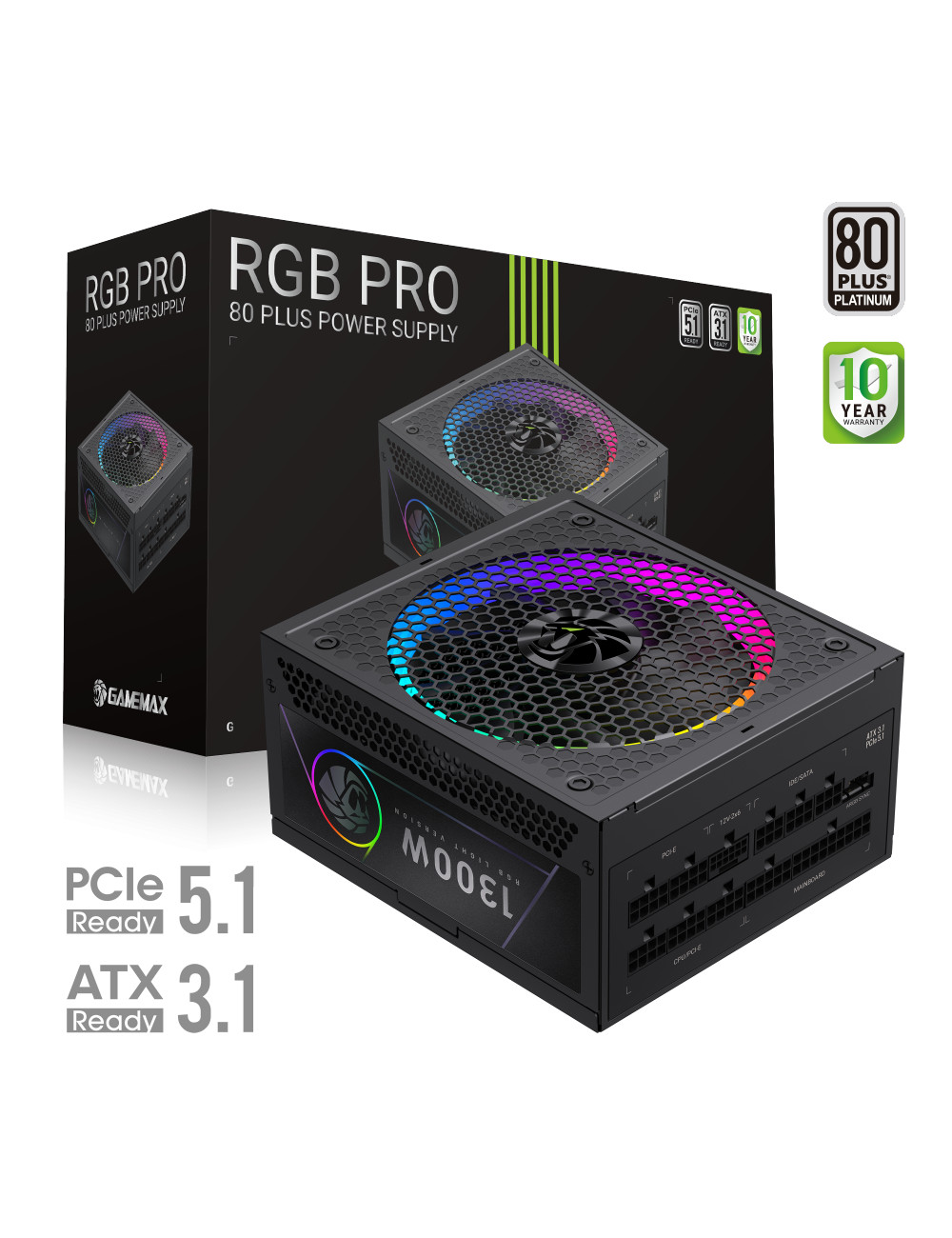 Gamemax Power Supply, 80 PLUS, Platinum | RGB PRO 1300P | 1300 W