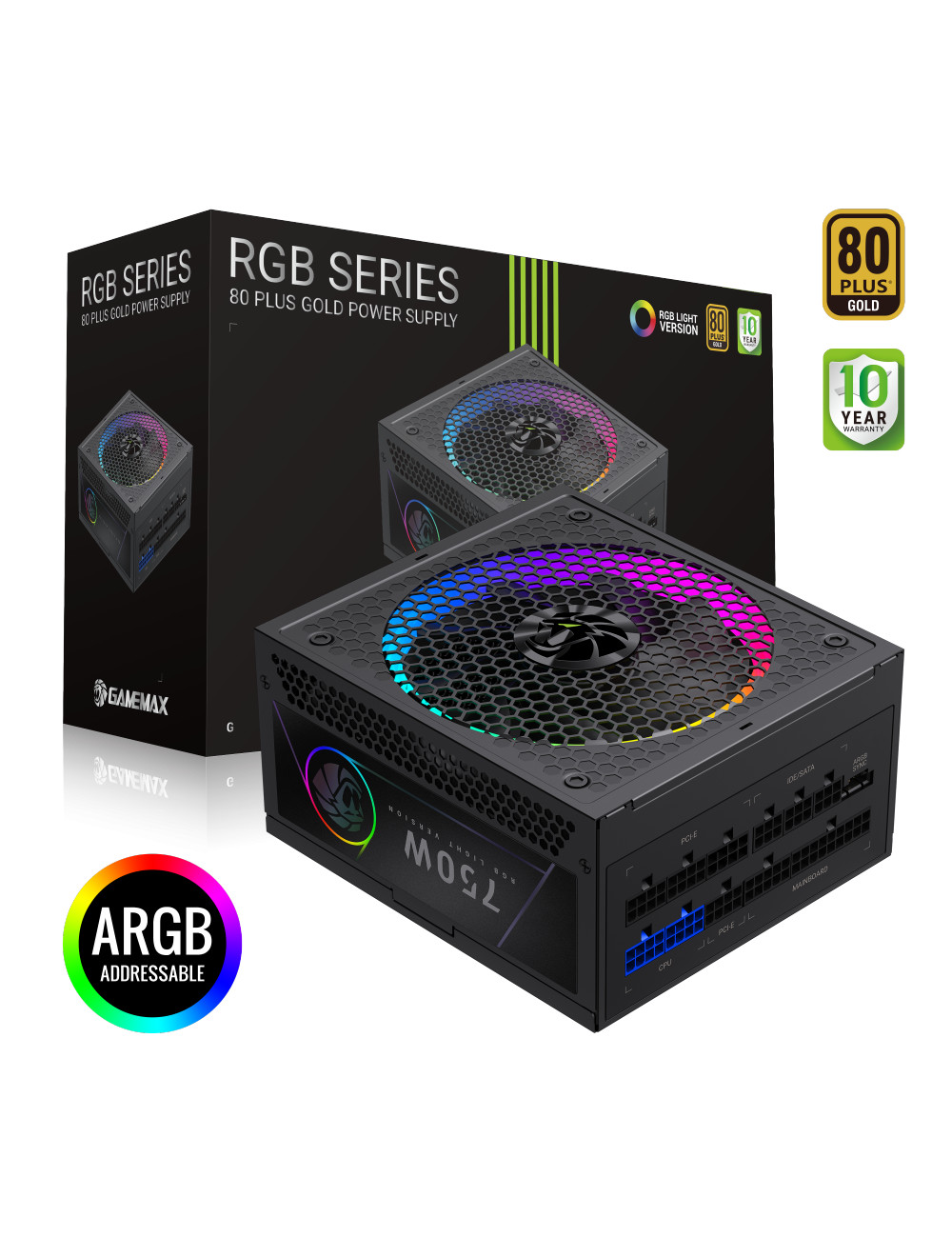 Gamemax Power Supply, 80 PLUS, Gold | RGB 750G | 750 W