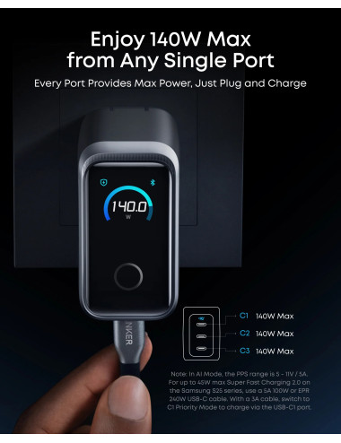 Anker Prime Charger, 3 Ports, 160W, Silver