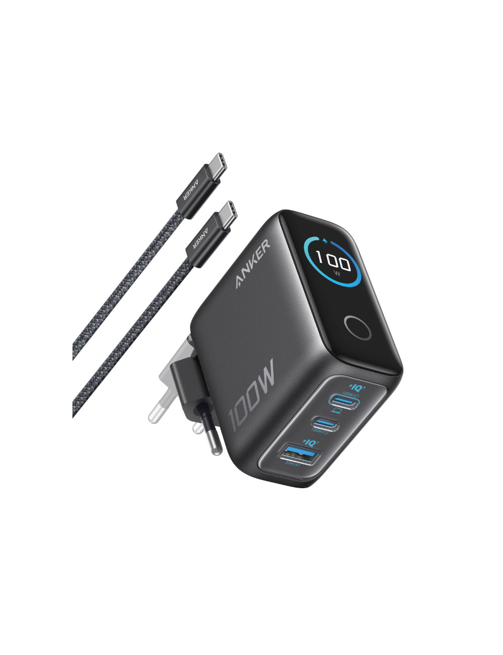 Anker Charger (100W, 3 Ports, Smart Display) with USB-C Cable