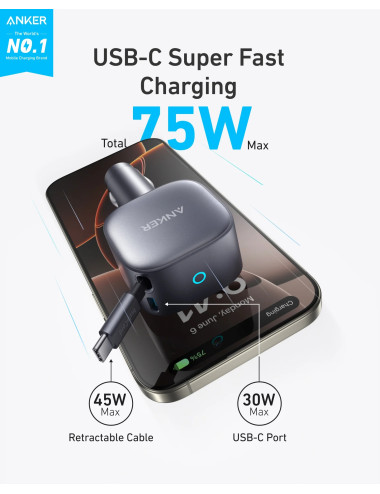 Anker Nano Car Charger (75W, USB-C Port, Built-In Retractable USB-C Cable)