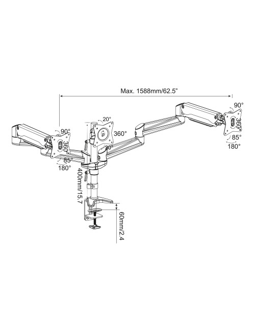 Digitus Desk Mount | Triple Monitor Gas Spring Mount DA-90363 | Adjustable Height, Tilt, Swivel | 15-27 " | Maximum weight (capa