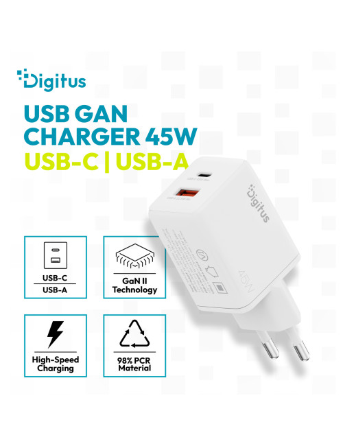 Digitus USB GaN Charger 45W, 1x USB-C, 1x USB-A | DA-10302